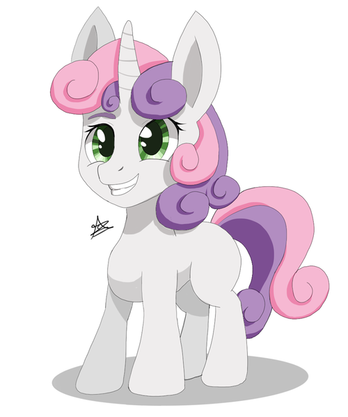 Size: 1000x1200 | Tagged: safe, artist:zachc, derpibooru import, sweetie belle, pony, unicorn, blank flank, female, filly, horn, image, png, simple background, smiling, solo, white background