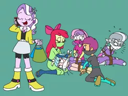 Size: 1738x1299 | Tagged: safe, artist:bugssonicx, derpibooru import, apple bloom, cozy glow, diamond tiara, scootaloo, silver spoon, sweetie belle, equestria girls, bondage, bound and gagged, brightly colored ninjas, cloth gag, cutie mark crusaders, gag, gagging, image, kidnapped, kunoichi, mask, mobile phone, ninja, oblivious, otn gag, over the nose gag, phone, png, rope, rope bondage, sandals, tied up, tying
