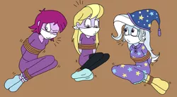 Size: 2659x1472 | Tagged: safe, artist:bugssonicx, derpibooru import, fuchsia blush, lavender lace, trixie, equestria girls, bondage, bound and gagged, cloth gag, clothes, female, femsub, gag, hat, image, nightcap, nightgown, one eye closed, otn gag, over the nose gag, pajamas, png, rope, rope bondage, sleepover, slumber party, squirming, submissive, the weak and powerless trixie, tied up, trixie and the illusions, trixsub