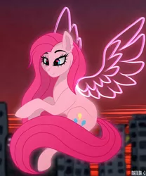 Size: 1024x1228 | Tagged: safe, artist:pinkamenascratch, derpibooru import, pinkie pie, earth pony, pony, city, female, image, pinkamena diane pie, png, solo, wings