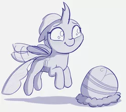 Size: 1188x1060 | Tagged: safe, artist:heretichesh, derpibooru import, ocellus, changedling, changeling, nymph, cute, cuteling, diaocelles, egg, female, fluttering, flying, image, monochrome, nest, png, proud, smiling, solo, wings