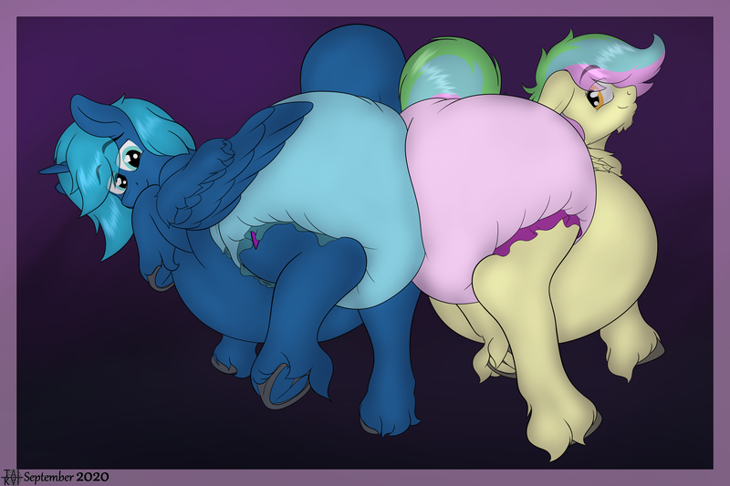 Size: 5250x3500 | Tagged: suggestive, alternate version, artist:tai kai, derpibooru import, oc, oc:blue blaze, oc:flavorful sweets, alicorn, pegasus, butt bump, chubby, diaper, diaper fetish, fat, fat ass, fetish, image, non-baby in diaper, png, poofy diaper