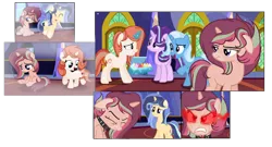 Size: 1280x691 | Tagged: safe, artist:stardustsentryyt105, derpibooru import, starlight glimmer, trixie, oc, oc:crimson ruby, oc:star dust, oc:sunrise ruby, pony, alicorn amulet, base used, cupcake, cutiespark, female, filly, food, image, next generation, offspring, parent:flash sentry, parent:starlight glimmer, parent:sunburst, parent:twilight sparkle, parents:flashlight, parents:starburst, png