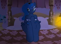 Size: 1920x1397 | Tagged: suggestive, artist:vibronbin13, derpibooru import, princess luna, alicorn, anthro, plantigrade anthro, pony, barefoot, bed, bra, clothes, feet, female, fetish, foot fetish, foot focus, image, luna's crown, mare, png, soles, solo, toenails, toes, underwear, wiggling toes