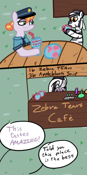 Size: 1000x2000 | Tagged: safe, artist:wren, derpibooru import, copper top, oc, oc:slow sipper, oc:zeal lanatus, earth pony, pony, zebra, art pack:ponies on patrol, cafe, comic, donut, drinking straw, eyedropper, eyedrops, female, food, grass, image, implied racism, mare, mug, outdoors, plate, png, potions, racial slur, sign, smug, stand, table, zebra oc