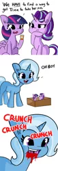 Size: 2250x6628 | Tagged: semi-grimdark, artist:tjpones, derpibooru import, edit, starlight glimmer, trixie, twilight sparkle, twilight sparkle (alicorn), alicorn, pony, unicorn, blood, bottle, box, cannibalism, chewing, comic, dialogue, eating, female, food, glimmer prey, grimderp, hard vore, hoof on chin, horse meat, image, mare, meat, medicine, oh boy, png, ponies eating meat, ponies eating ponies, pony in a box, simple background, sitting, trixie predamoon, trixie's pills, vore, wat, white background, wtf