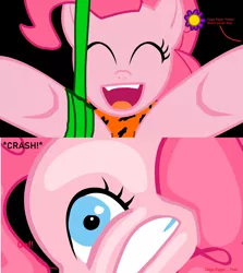 Size: 1278x1430 | Tagged: safe, artist:pagiepoppie12345, derpibooru import, pinkie pie, crash, eyes closed, flower, flower in hair, fourth wall, george of the jungle, gritted teeth, image, implied zalgo pagie, jungle, jungle girl, jungle pony, leopard print, looking at you, ouch, png, reference used, smiling, sound effect, swinging, tarzan, vine