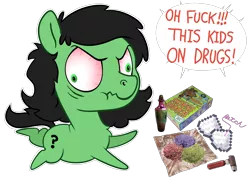 Size: 4032x3024 | Tagged: safe, artist:wispy tuft, derpibooru import, oc, oc:anonfilly, earth pony, pony, bitch, bloodshot eyes, dialogue, drugs, elder scrolls, female, filly, food, herbs, image, jet, minecraft, not drugs, png, question mark, resident evil, scooby doo, scooby snack, silly straw, simple background, skooma, solo, sugar (food), transparent background, vulgar, withdrawal