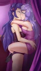 Size: 702x1200 | Tagged: source needed, suggestive, artist:thebrokencog, derpibooru import, diamond tiara, rarity, human, 2 handfuls of dat ass, against wall, anime, breasts, busty diamond tiara, busty rarity, canterlot club, clothes, commission, crack shipping, dress, drool, eyes closed, eyeshadow, female, females only, french kiss, humanized, image, kissing, lesbian, makeup, minidress, older, older diamond tiara, png, raritiara, shipping, stupid sexy diamond tiara, stupid sexy rarity, tongue play