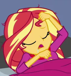 Size: 367x393 | Tagged: safe, derpibooru import, screencap, sunset shimmer, equestria girls, equestria girls series, wake up!, spoiler:eqg series (season 2), cropped, drool, image, png, solo