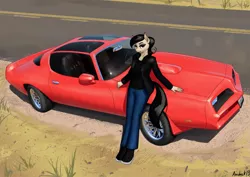 Size: 3000x2121 | Tagged: safe, artist:apocheck13, derpibooru import, oc, oc:elya, unofficial characters only, anthro, anthro oc, car, clothes, female, image, jacket, jeans, leather jacket, pants, png, pontiac, pontiac firebird, ponytail, solo