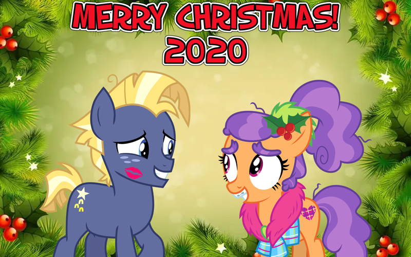 Size: 2064x1289 | Tagged: safe, anonymous artist, derpibooru import, plaid stripes, star tracker, earth pony, christmas, female, flower, flower in hair, happy hearth's warming, hearth's warming, holiday, holly, image, kissing, kiss mark, kiss on the cheek, lipstick, looking at each other, lyrics in the description, male, merry christmas, png, shipping, shy, sleigh ride, smiling, starstripes, straight, youtube link, youtube link in the description