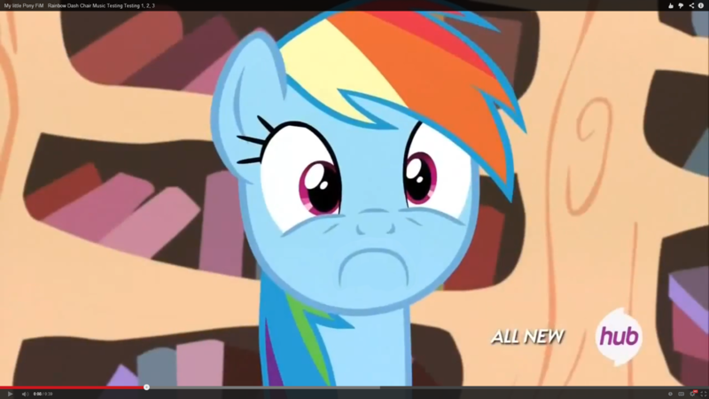 Size: 1920x1080 | Tagged: safe, derpibooru import, edit, edited screencap, screencap, rainbow dash, pony, testing testing 1-2-3, :c, frown, golden oaks library, hub logo, hubble, image, inverted mouth, library, png, solo