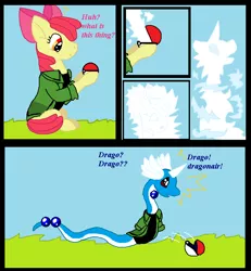 Size: 729x789 | Tagged: safe, artist:cargirl9, derpibooru import, apple bloom, dragonair, earth pony, pony, clothes, comic, dialogue, female, image, mare, png, pokefied, pokéball, pokémon, shirt, solo, speech change, transformation