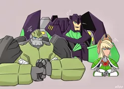 Size: 1280x920 | Tagged: safe, artist:elioo, derpibooru import, applejack, equestria girls, autobot, bulkhead, crossover, cybertronian, determined, equestria bots, female, fist, frown, grimlock, image, jpeg, male, simple background, smiling, species swap, this will end in pain, this will not end well, transformerfied, transformers, transformers prime, transformers robots in disguise (2015)