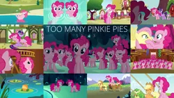 Size: 1968x1107 | Tagged: safe, derpibooru import, edit, edited screencap, editor:quoterific, screencap, apple bloom, apple fritter, applejack, fluttershy, orange frog, pinkie pie, spike, twilight sparkle, too many pinkie pies, apple family member, clone, golden oaks library, image, library, mirror pool, pinkie clone, png, pond