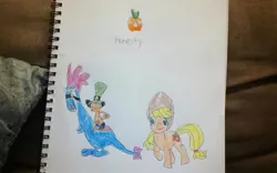 Size: 1024x639 | Tagged: safe, artist:fjbdfhhdgfuigffgxjhb, derpibooru import, applejack, earth pony, pony, crossover, element of honesty, friendshipping, image, jpeg, photo, sylvia, traditional art, trio, wander (wander over yonder), wander over yonder