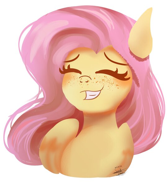 Size: 1831x2040 | Tagged: safe, artist:scarlett-letter, derpibooru import, fluttershy, pegasus, pony, bust, eyes closed, female, folded wings, freckles, freckleshy, grin, image, jpeg, mare, portrait, simple background, smiling, solo, speedpaint available, three quarter view, white background, wings