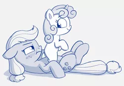 Size: 1455x1005 | Tagged: safe, artist:heretichesh, derpibooru import, applejack, sweetie belle, earth pony, pony, unicorn, blushing, drawthread, female, filly, freckles, grumpy, hairband, image, innocent, lesbian, lying down, mare, on back, png, shipping, sitting, sitting on, sitting on pony, smiling, sweetiejack