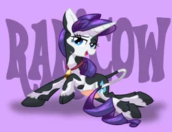 Size: 2600x2000 | Tagged: safe, artist:geraritydevillefort, derpibooru import, rarity, cow, cow pony, original species, unicorn, bell, cowbell, horn, image, open mouth, png, raricow, solo, species swap, udder
