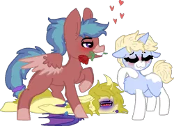 Size: 1011x732 | Tagged: safe, artist:nootaz, derpibooru import, oc, oc:blitz razorwind, oc:nootaz, ponified, pegasus, pony, unicorn, black eye, blushing, courtship, dio brando, flower, horn, image, jojo's bizarre adventure, pegasus oc, png, rose, unicorn oc, wings