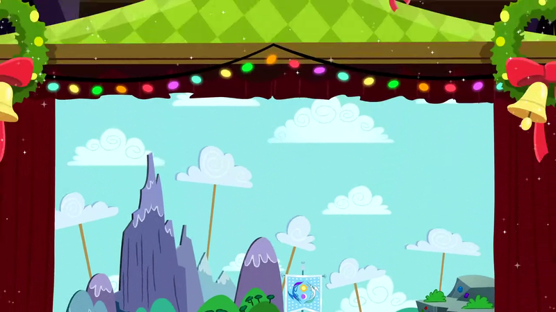 Size: 1280x720 | Tagged: safe, derpibooru import, screencap, hearth's warming eve (episode), background, canterlot, equestrian flag, image, liminal space, no pony, png, scenic ponyville, stage