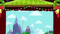 Size: 1280x720 | Tagged: safe, derpibooru import, screencap, hearth's warming eve (episode), background, canterlot, equestrian flag, image, liminal space, no pony, png, scenic ponyville, stage