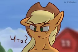 Size: 2560x1707 | Tagged: safe, artist:phlerius, derpibooru import, applejack, pony, cyrillic, digital art, farm, image, jpeg, perplexed, reaction image, russian, solo, translation in description, wat (reaction image)