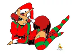 Size: 1024x777 | Tagged: suggestive, artist:duragan, derpibooru import, edit, oc, oc:keyframe, unofficial characters only, anthro, breasts, christmas, clothes, hat, holiday, image, png, santa hat, seductive look, simple background, socks, solo, stockings, striped socks, thigh highs, white background