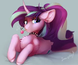 Size: 3600x3000 | Tagged: safe, artist:innosjoa, derpibooru import, starlight glimmer, pony, unicorn, alternate hairstyle, candy, chest fluff, choker, collar, dock, ear fluff, ear piercing, earring, edgelight glimmer, eyeshadow, female, food, glitter, high res, image, jewelry, jpeg, lollipop, lying down, makeup, mare, piercing, ponytail, prone, signature, solo, spiked choker, spiked collar