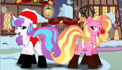 Size: 10211x5892 | Tagged: suggestive, artist:ejlightning007arts, derpibooru import, luster dawn, princess flurry heart, alicorn, deer, pony, reindeer, unicorn, the last problem, animal costume, boots, butt, christmas, clothes, costume, female, flurrybutt, glowing nose, hat, hearth's warming eve, holiday, image, looking at you, luster donk, lusty dawn, mare, older, older flurry heart, plot, png, ponyville, reindeer costume, rudolph the red nosed reindeer, santa costume, santa hat, sexy, shoes, stupid sexy flurry heart, stupid sexy luster dawn