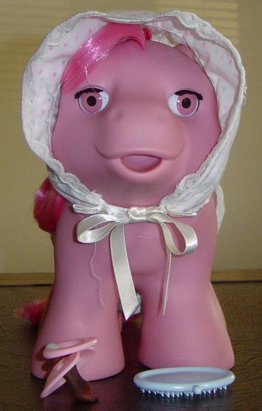 Size: 383x600 | Tagged: safe, derpibooru import, earth pony, bonnet, brush, g1, image, jpeg, pacifier, photo, sweet dreams, toy, wat