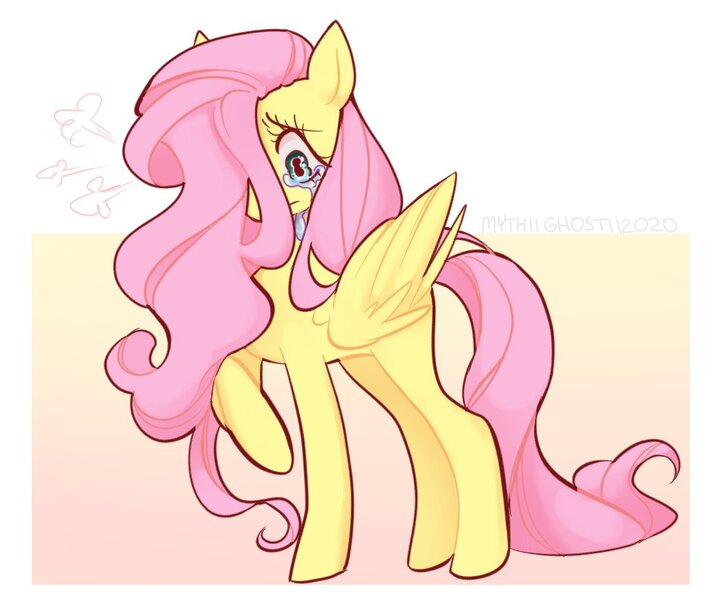 Size: 1040x869 | Tagged: safe, artist:mythiighostii, derpibooru import, fluttershy, pegasus, pony, crying, cute, emanata, female, hair over one eye, image, jpeg, looking down, mare, raised hoof, sad, sadorable, solo, standing, teary eyes, three quarter view, wings