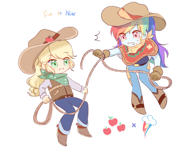 Size: 979x777 | Tagged: safe, artist:yuan-rino, derpibooru import, applejack, rainbow dash, equestria girls, appledash, bandana, boots, chibi, clothes, cowboy boots, cowboy hat, cowgirl, cute, dashabetes, female, hat, image, jackabetes, jeans, lasso, lesbian, pants, png, poncho, rope, shipping, shoes, simple background, stetson, white background