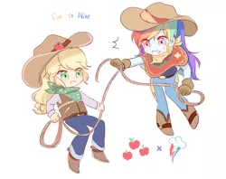 Size: 979x777 | Tagged: safe, artist:yuan-rino, derpibooru import, applejack, rainbow dash, equestria girls, appledash, bandana, boots, chibi, clothes, cowboy boots, cowboy hat, cowgirl, cute, dashabetes, female, hat, image, jackabetes, jeans, lasso, lesbian, pants, png, poncho, rope, shipping, shoes, simple background, stetson, white background