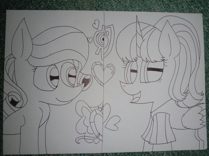 Size: 4160x3120 | Tagged: safe, artist:muhammad yunus, derpibooru import, oc, oc:annisa trihapsari, oc:hsu amity, unofficial characters only, alicorn, earth pony, pony, clothes, code lyoko, cutie mark, duo, female, heart, i can't believe it's not 徐詩珮, image, irl, jpeg, looking at you, mare, missing accessory, no glasses, open mouth, paw patrol, photo, siblings, sisters, smiling, traditional art, xana