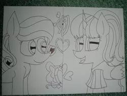 Size: 4160x3120 | Tagged: safe, artist:muhammad yunus, derpibooru import, oc, oc:annisa trihapsari, oc:hsu amity, unofficial characters only, alicorn, earth pony, pony, clothes, code lyoko, cutie mark, duo, female, heart, i can't believe it's not 徐詩珮, image, irl, jpeg, looking at you, mare, missing accessory, no glasses, open mouth, paw patrol, photo, siblings, sisters, smiling, traditional art, xana