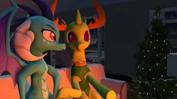 Size: 1280x720 | Tagged: safe, artist:andrescortez7, derpibooru import, princess ember, thorax, changedling, changeling, dragon, 3d, changeling x dragon, christmas, christmas tree, dragoness, embrax, eye contact, female, holiday, image, interspecies, jpeg, king thorax, looking at each other, male, shipping, straight, tree