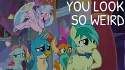 Size: 1920x1080 | Tagged: safe, derpibooru import, edit, edited screencap, editor:quoterific, screencap, gallus, ocellus, sandbar, silverstream, smolder, changeling, dragon, earth pony, gryphon, hippogriff, pony, she's all yak, about to laugh, bowtie, dragoness, faic, female, hypocritical humor, image, jpeg, open mouth, pointing, school of friendship, wavy mouth, you look so weird