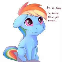 Size: 2250x2250 | Tagged: safe, artist:dbleki, derpibooru import, rainbow dash, pegasus, pony, blatant lies, chest fluff, crumbs, cute, daaaaaaaaaaaw, dashabetes, dialogue, female, floppy ears, high res, image, looking up, mare, png, puppy dog eyes, sad, sadorable, simple background, solo, sweet dreams fuel, this will end in colic, weapons-grade cute, white background