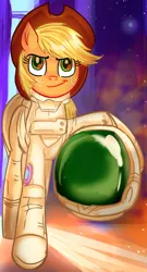 Size: 808x1495 | Tagged: safe, artist:jowybean, derpibooru import, edit, applejack, earth pony, pony, twijack weekly, astrojack, astronaut, clothes, cropped, female, helmet, image, mare, png, smiling, solo, spacesuit