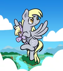 Size: 1920x2164 | Tagged: safe, artist:dinkyuniverse, derpibooru import, derpy hooves, dinky hooves, pegasus, pony, unicorn, carrying, cloud, cloudy, derp, equestria's best daughter, equestria's best mother, female, filly, flying, headcanon, image, like mother like daughter, like parent like child, mare, mother and child, mother and daughter, png, river, sky, smiling, twirling