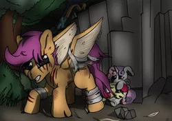 Size: 5016x3541 | Tagged: semi-grimdark, alternate version, artist:db, derpibooru import, apple bloom, applejack, rainbow dash, rarity, scootaloo, sweetie belle, earth pony, pegasus, pony, unicorn, bandage, blood, bruised, close-up, crying, cutie mark crusaders, desperation, heroic, image, injured, png, protecting, rescue, scar, spread wings, story included, trembling, wings