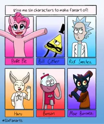 Size: 818x975 | Tagged: safe, artist:shycookieq, derpibooru import, pinkie pie, anthro, cat, earth pony, human, pony, six fanarts, anthro with ponies, baseball bat, beastars, benson, bill cipher, bust, clothes, eyes closed, female, gravity falls, haru (beastars), hat, image, mae borowski, male, mare, night in the woods, open mouth, png, regular show, rick and morty, rick sanchez, smiling, top hat, waving
