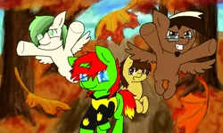 Size: 854x512 | Tagged: safe, artist:sugar puppy, derpibooru import, oc, oc:bman64, oc:dreamer skies, oc:sprite, oc:yoshi ringo, unofficial characters only, pony, band, fanfic art, gift art, group, image, leaves, png, pony oc, tree