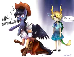 Size: 1800x1400 | Tagged: safe, artist:emilyldraws0303, derpibooru import, mantis, mantis pony, pegasus, reverse centaur, clothes, crossover, cursed image, dress, hat, image, kicchou yachie, kurokoma saki, not salmon, oh no, png, skirt, touhou, wat, what has magic done, what has science done