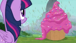 Size: 1920x1080 | Tagged: safe, derpibooru import, screencap, twilight sparkle, twilight sparkle (alicorn), alicorn, pony, the ending of the end, chocolate, chocolate rain, cupcake, female, food, image, mare, png, rain, solo