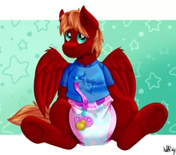 Size: 1656x1459 | Tagged: suggestive, artist:wittleskaj, derpibooru import, oc, oc:score chaser, pegasus, pony, abdl, adult foal, clothes, diaper, diaper fetish, fetish, image, lanyard, male, pacifier, pegasus oc, png, shirt, stallion, t-shirt, wings