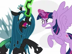 Size: 2048x1536 | Tagged: safe, artist:justsomepainter11, derpibooru import, queen chrysalis, twilight sparkle, twilight sparkle (alicorn), alicorn, changeling, changeling queen, pony, angry, confrontation, female, fight, good vs evil, gritted teeth, image, jpeg, magic, sharp teeth, show accurate, teeth