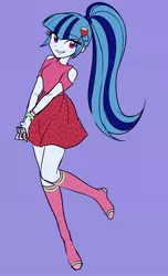 Size: 1073x1764 | Tagged: safe, artist:rileyav, derpibooru import, sonata dusk, equestria girls, accessories, adorasexy, beautiful, big eyes, blushing, bracelet, clasped hands, clothes, cute, dress, eyebrows visible through hair, eyelashes, hands together, image, jewelry, jpeg, kneesocks, legs, looking at you, ponytail, pose, purple background, purple eyes, sexy, shoulderless, simple background, skirt, smiling, socks, solo, sonatabetes, stocking feet, sweater, zettai ryouiki